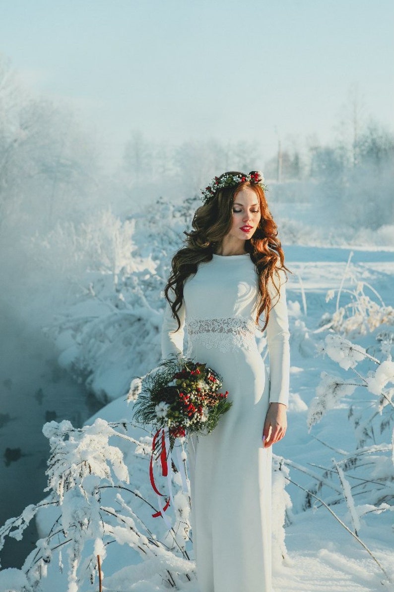 Modest wedding dress winter wedding dress lace dress long sleeves casual wedding dress crepe dress image 7