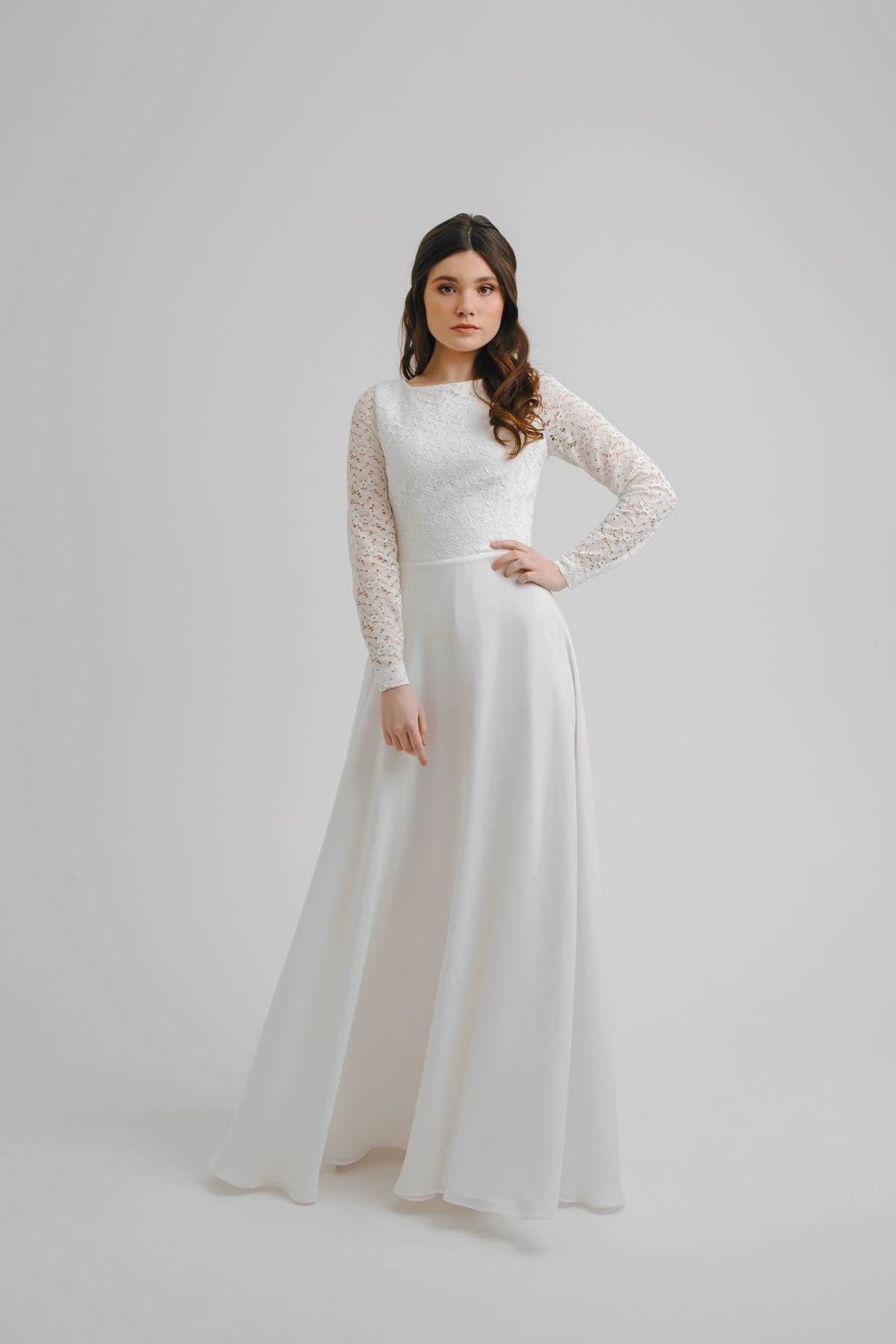 Modest Wedding Dress Boat Neckline Long Sleeves Dress Etsy UK