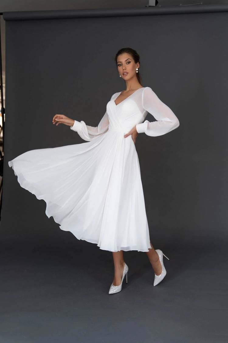 Chiffon Knee-Length Wedding Dress: Elopement Bridal Gown