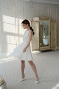 Crepe wedding dress • cocktail dress • elopement dress • reception dress • casual wedding dress • short wedding dress • lace wedding dress product logo