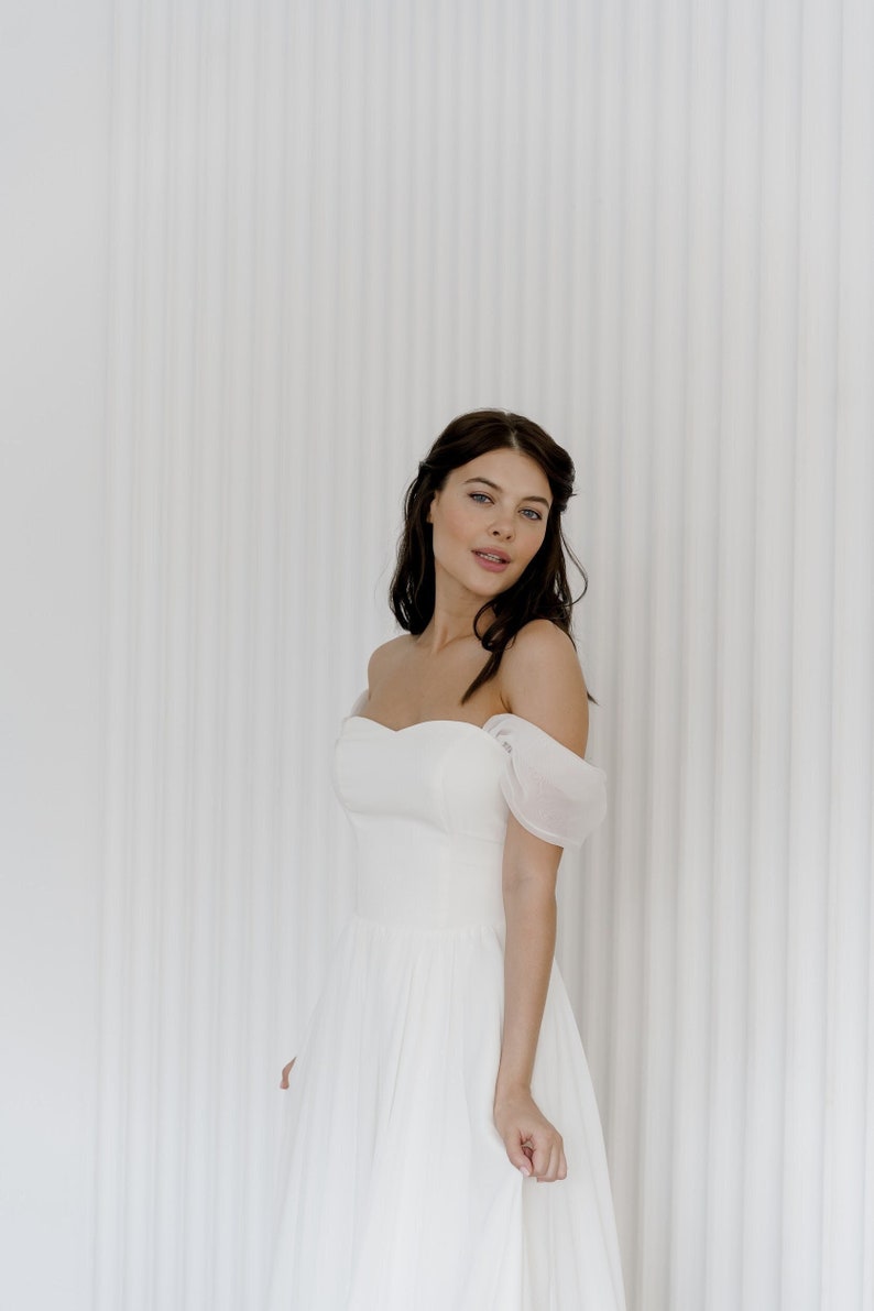 Simple wedding dress A line dress reception dress Off the shoulder bridal dress image 2