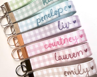 Gingham Personalized Wristlet Keychain, Wrist Lanyard for Keys, Gift for Her