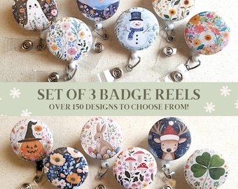 Set of 3 Badge Reels w/ Alligator Swivel Clips, You Choose Designs