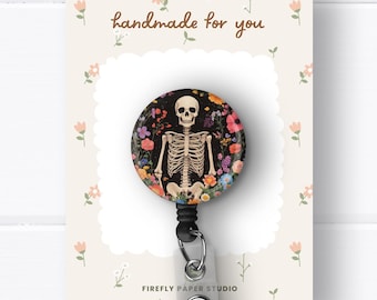 Floral Skeleton Badge Reel, Xray Badge Reel, Retractable Badge Reel w/ Alligator Swivel Clip