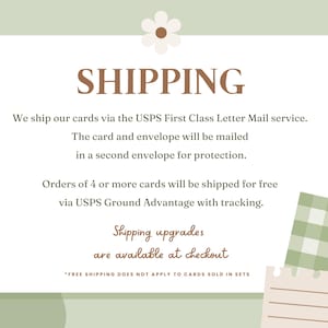 May include: A green and white illustrated graphic with the text "SHIPPING" in brown. The text below explains that cards are shipped via USPS First Class Letter Mail service, with orders of 4 or more cards shipped for free via USPS Ground Advantage with tracking. The text also mentions that shipping upgrades are available at checkout. The text "*FREE SHIPPING DOES NOT APPLY TO CARDS SOLD IN SETS" is at the bottom of the graphic.