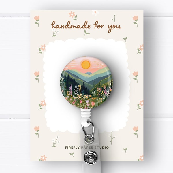 Floral Mountain Badge Reel, Badge Clip, Retractable Badge Reel w/ Alligator Swivel Clip