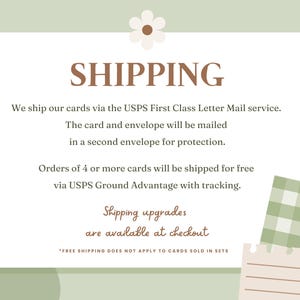 May include: A green and white illustrated graphic with the text "SHIPPING" in brown. The text below explains that cards are shipped via USPS First Class Letter Mail service, with orders of 4 or more cards shipped for free via USPS Ground Advantage with tracking. The text also mentions that shipping upgrades are available at checkout. The text "*FREE SHIPPING DOES NOT APPLY TO CARDS SOLD IN SETS" is at the bottom of the graphic.
