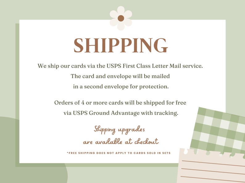 May include: A green and white illustrated graphic with the text "SHIPPING" in brown. The text below explains that cards are shipped via USPS First Class Letter Mail service, with orders of 4 or more cards shipped for free via USPS Ground Advantage with tracking. The text also mentions that shipping upgrades are available at checkout. The text "*FREE SHIPPING DOES NOT APPLY TO CARDS SOLD IN SETS" is at the bottom of the graphic.
