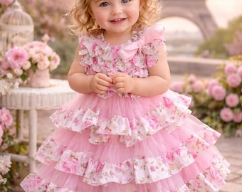birthday dress 2t Baby Girl Pink Floral Dress, Toddler Ruffle Tulle Dress, First Outfit Girl,Shabby Chic Dress, Flower Girl Dress, Photo Shoot Outfit Lovely dress will fit