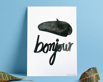 Bonjour Beret - A4/A5 Watercolor Illustration Print | French Inspired Art | Fashion Illustration | Home Decor | Gift for Her | Parisian