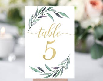 Greenery Table Numbers- Wedding Table Number- Gold Table Numbers- Wedding Numbers- Rustic Table Numbers Printable- Wedding Table Decor-