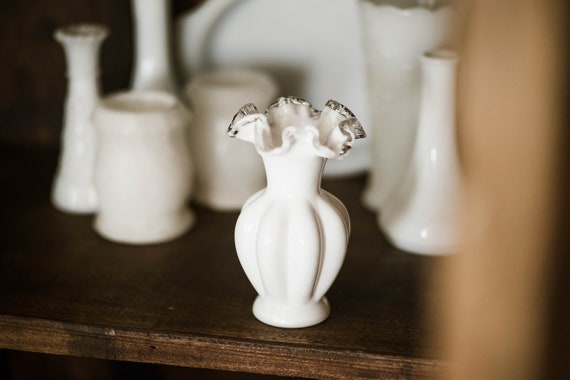 Fenton Whit Silver Crest Milk Glass Ruffled Trumpet Vase Vintage