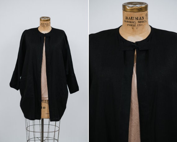 Vintage Black Linen Kimono Dolman Over Shirt - Siz