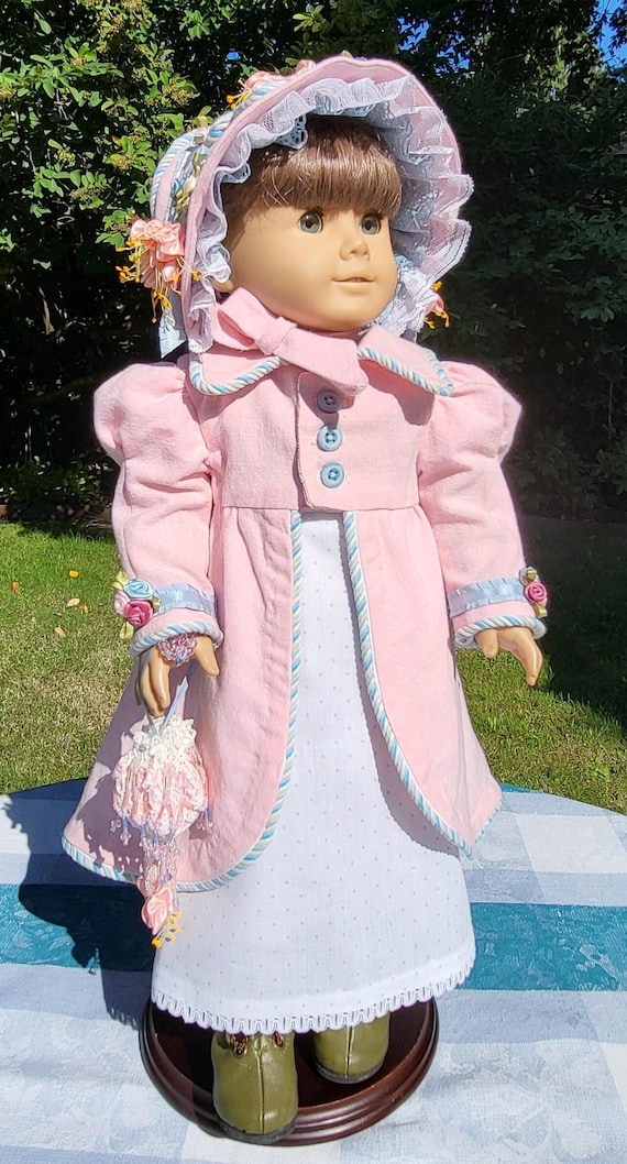 18" Doll Regency Outfit: Redingote, Bonnet, Reticule, Boots - 6 Pieces, American Girl