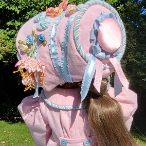18" Doll Regency Outfit: Redingote, Bonnet, Dress. Pantalettes, Reticule, Boots - 6 Pieces, American Girl image 6