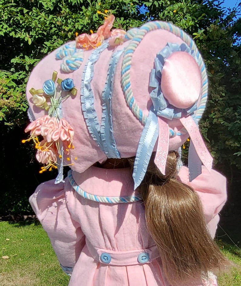 18" Doll Regency Outfit: Redingote, Bonnet, Dress. Pantalettes, Reticule, Boots - 6 Pieces, American Girl image 6