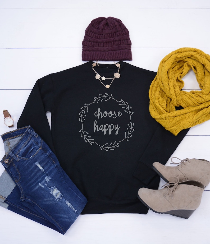 Choose Happy Crew Neck Raglan Sweatshirt Sweatshirt Christmas XS S M L XL 2XL Ladies Ladies Sweatshirt Warm and Cozy Gifts for Her