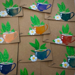 Handgeschilderde aquarel theekopjeskaarten: CAMELLIA SINENSIS