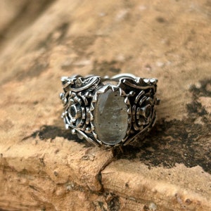 Libyan Desert Glass Ring, LDG Ring, Organic Ring, Silver 925, Sterling Silver Ring, Floral Design, One of a Kind, 7 1/2 US Size (1545)