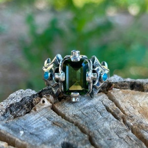 Moldavite Ring, Genuine Moldavite, Biomechanic design, Unique Ring, One of a Kind, Sterling Silver, Robotic Design, 10 US Size (1584)