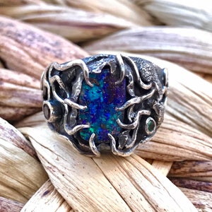 Boulder Opal Ring, Australian Boulder Opal, Sterling Silver Ring,  Silver 925, Tourmaline Ring, Tsavorite Ring, 6 1/4 US Size (234)