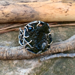 Chlum Moldavite Ring, Genuine Moldavite Ring, Czech Moldavite, Roots Design, Sterling Silver Ring, Silver 925, 8 1/2 US Size (887)
