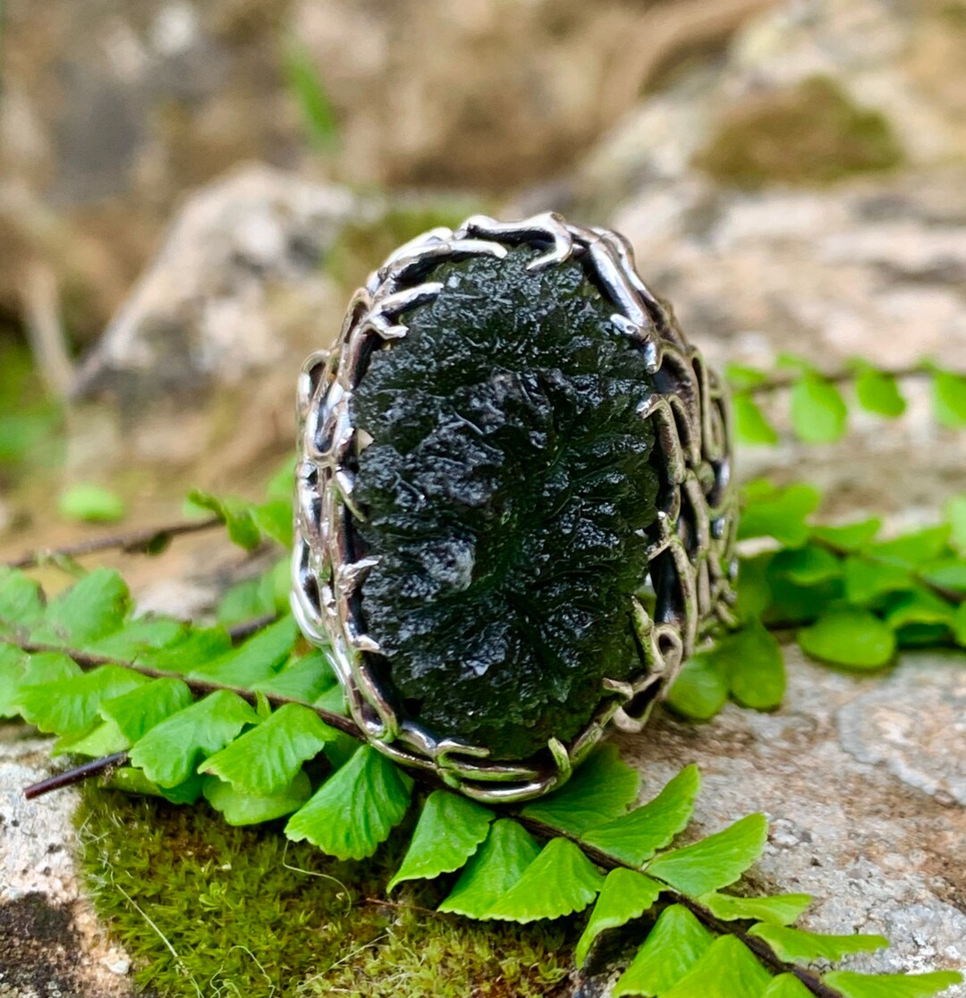 Maly Chlum Moldavite Ring, Sterling Silver, Genuine Moldavite, Roots