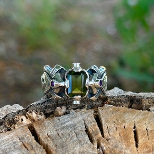 Moldavite Ring, Genuine Moldavite, Biomechanic design, Unique Ring, One of a Kind, Sterling Silver, Robotic Design, 9 US Size (1585)