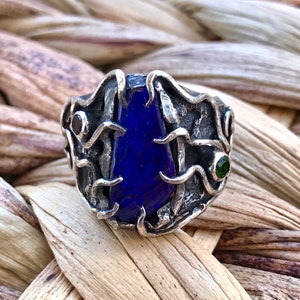 Boulder Opal Ring, Australian Boulder Opal, Sterling Silver Ring, Silver 925, Amethyst Ring, Tsavorite Ring, 6 1/2 US Size (242)
