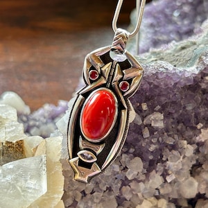 Coral Pendant, Sardinian Coral Pendant, Italian Coral, Red Coral, Sterling Silver Pendant, Robotic Design Pendant, Silver 925 (0040)