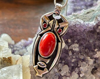 Coral Pendant, Sardinian Coral Pendant, Italian Coral, Red Coral, Sterling Silver Pendant, Robotic Design Pendant, Silver 925 (0040)