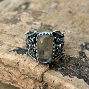 Libyan Desert Glass Ring, LDG Ring, Organic Ring, Silver 925, Sterling Silver Ring, Floral Design, One of a Kind, 7 US Size (1553)