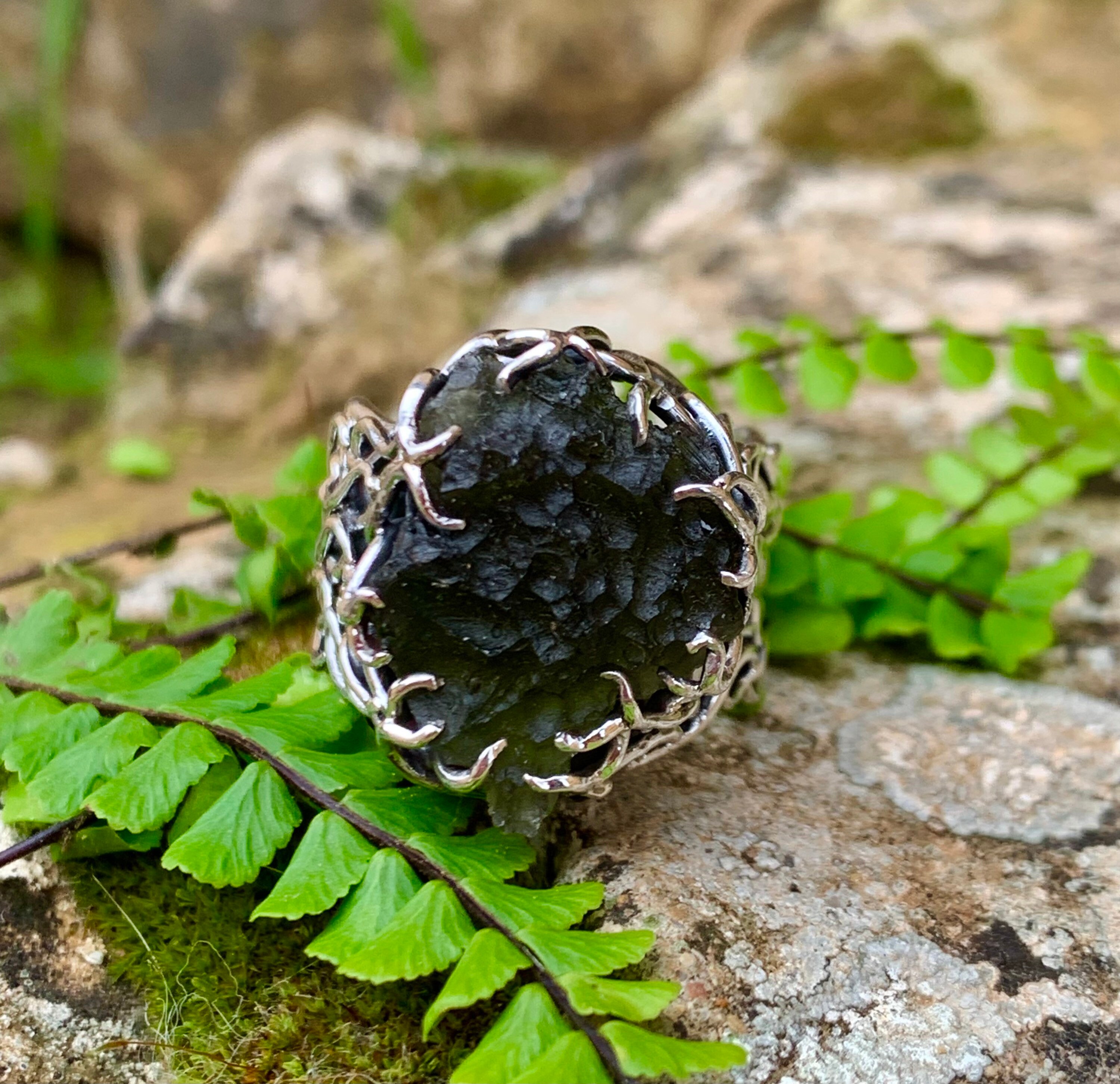 Moldavite Ring, Sterling Silver, Genuine Moldavite, Moldavite Jewelry, Organic jewelry, Roots design, One of a kind, 8 US Size (1360)