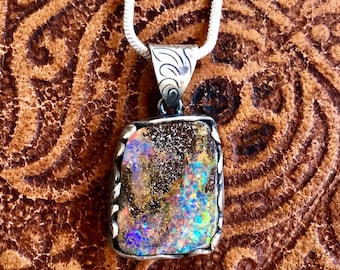 Boulder Opal Pendant, Colorful Australian Opal, Engarved Silver Pendant, Silver 925, Sterling Silver Pendant, Australian Opal (348)