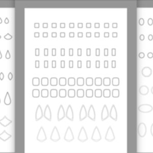 Könnte beinhalten: Drei Spalten mit verschiedenen geometrischen Formen, darunter Kreise, Ovale, Quadrate, Rauten und Tropfen. Die Formen sind grau umrandet und in Reihen mit zunehmender Größe angeordnet.
