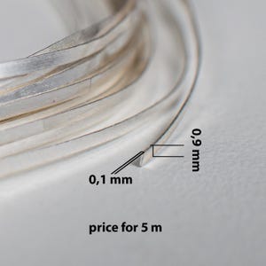 Może przedstawiać: Zbliżenie zwiniętego, srebrnego paska metalu. Pasek ma grubość 0,1 mm i szerokość 0,9 mm. Tekst "price for 5 m" znajduje się na dole obrazu.
