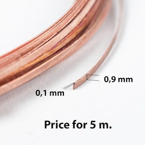 Könnte beinhalten: Eine Spule aus flachem Kupferdraht mit metallisch rotbrauner Oberfläche. Der Draht hat einen rechteckigen Querschnitt mit den deutlich angegebenen Maßen 0,9 mm Breite und 0,1 mm Dicke. Der Text Price for 5 m. ist unter der Spule sichtbar.