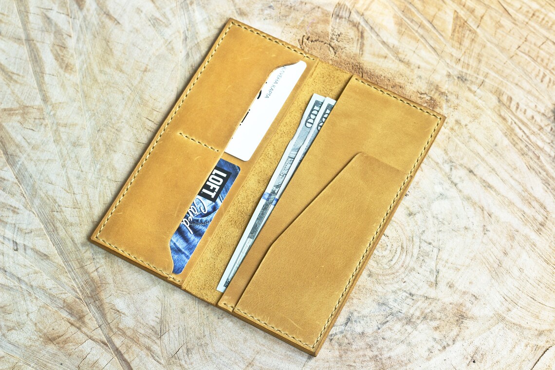 Leather Long Wallet Mens Leather Wallet Mens Wallet Yellow Etsy
