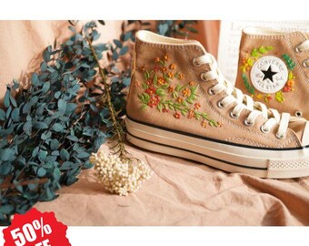 Converse  Converse large bouquet embroidered shoes / custom garland embroidery / embroidered leaves