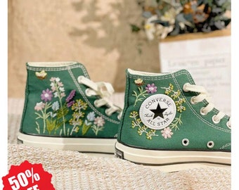 Converse Chuck Taylor chambray embroidered shoes / custom chambray embroidery and floral embroidery