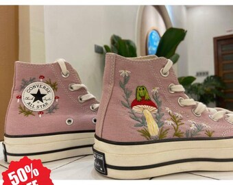 Embroidered Frog And Mushroom Converse/Mushroom Converse/Embroidered Mushrooms And Flower/Converse