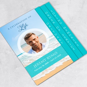 Beach Funeral Program Template: Graduated Fold, 8 Pages, 8.5x11 (Canva, Pages, Word, Photoshop)