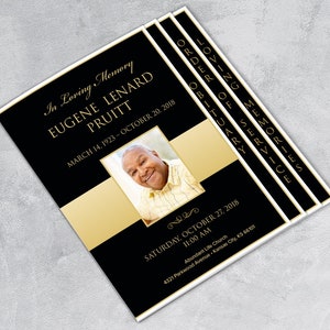 Black & Gold Funeral Program Template: Graduated Fold, 8 Pages, 8.5x14, 11x17 (Canva, Word, Pages)
