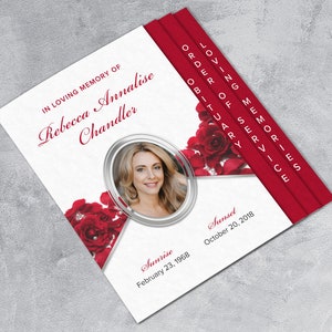 Red Roses Funeral Program Template: Graduated Fold, 8 Pages (Apple Pages, MS Word, Photoshop)