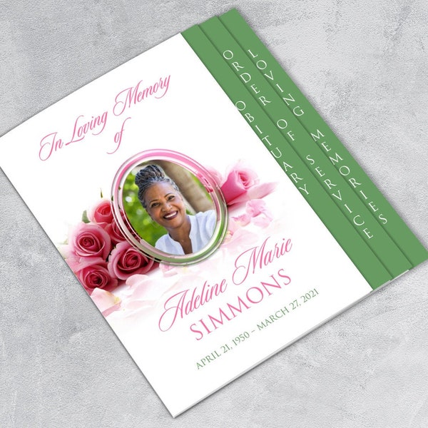 Pink Roses and Green Funeral Program Template | Graduated Fold | Apple Pages | MS Word | 8 Pages | 8.5 x 14"
