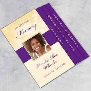 Purple & Gold Clouds Funeral Program Template: Graduated Fold, 8 Pages, 8.5x11 (Pages, Word, Photoshop)