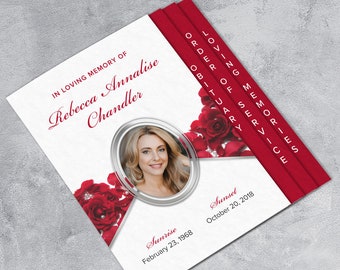 Red Roses Funeral Program Template | Graduated Fold | Apple Pages | MS Word | Photoshop | 8 Pages | 8.5 x 14" and 8.5 x 11"