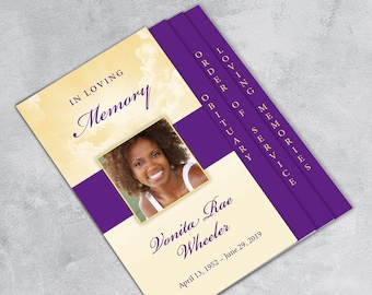 Purple and Gold Clouds Graduated Fold Funeral Program Template | Apple Pages | MS Word | Photoshop | 8 Pages | 8.5 x 11"