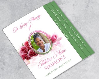 Pink Roses and Green Funeral Program Template | Graduated Fold | Apple Pages | MS Word | 8 Pages | 8.5 x 14"