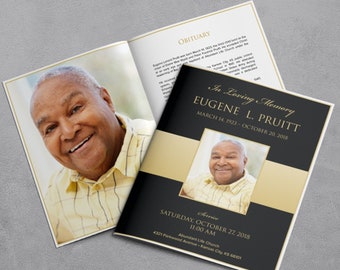 8-pg 11x17 Black & Gold Funeral Program Booklet Template | Canva | Apple Pages | MS Word | Tabloid